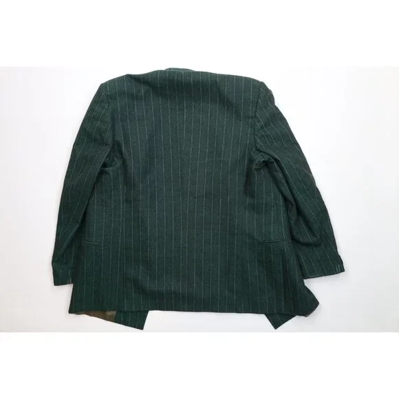 Vtg 70s 80s Mens 44L 2 Piece Wool Striped Double Breasted Suit Green 34x32 USA - Picture 11 of 16